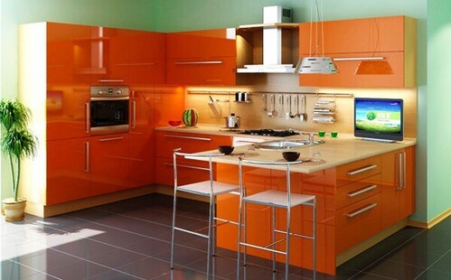 Кухни с Акриловыми фасадами, фартук для кухни, кухня, кухни проша, кухни спб, оранжевая кухня, п образная кухня