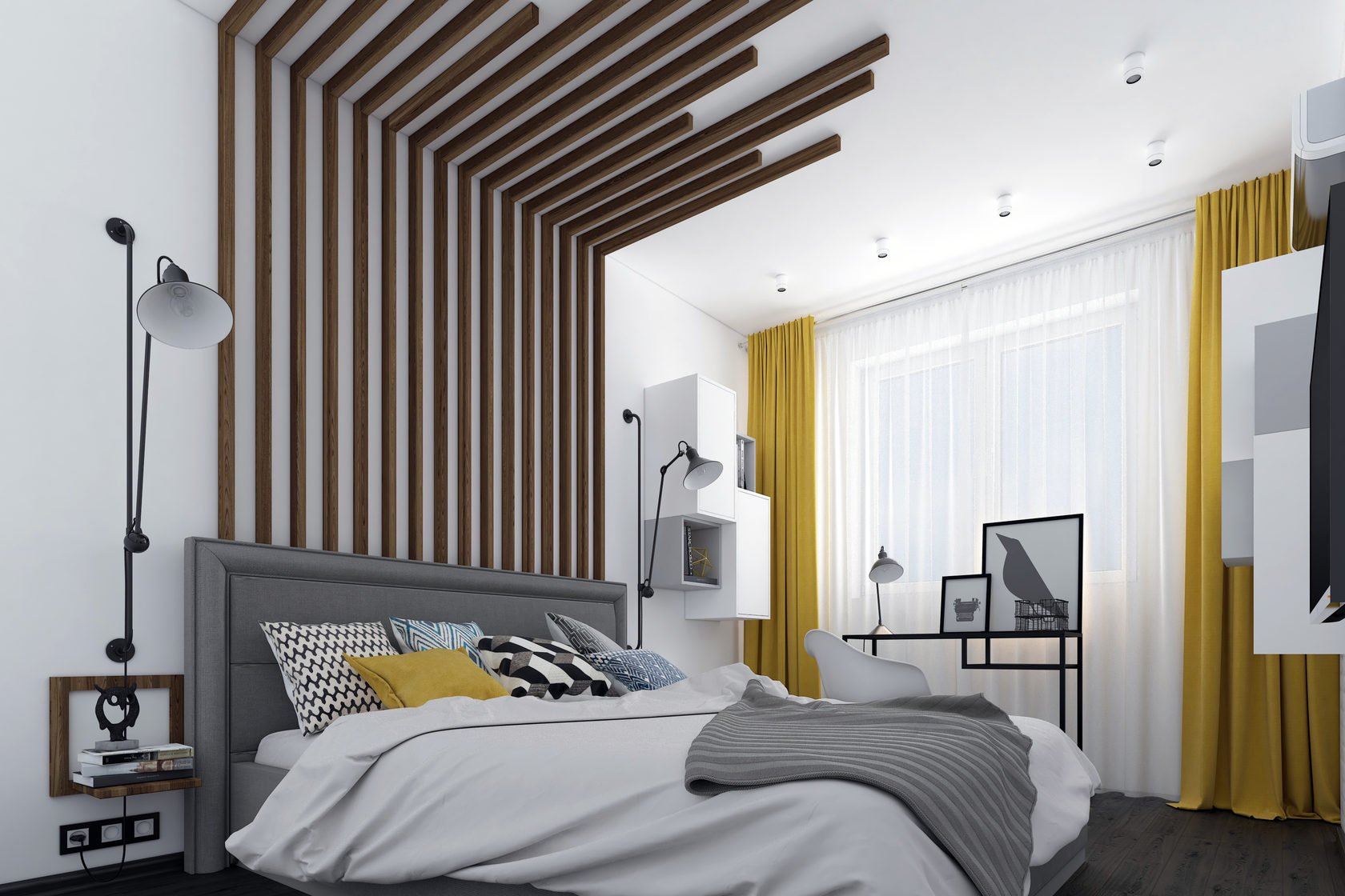 спальня с рейками на стене за кроватью