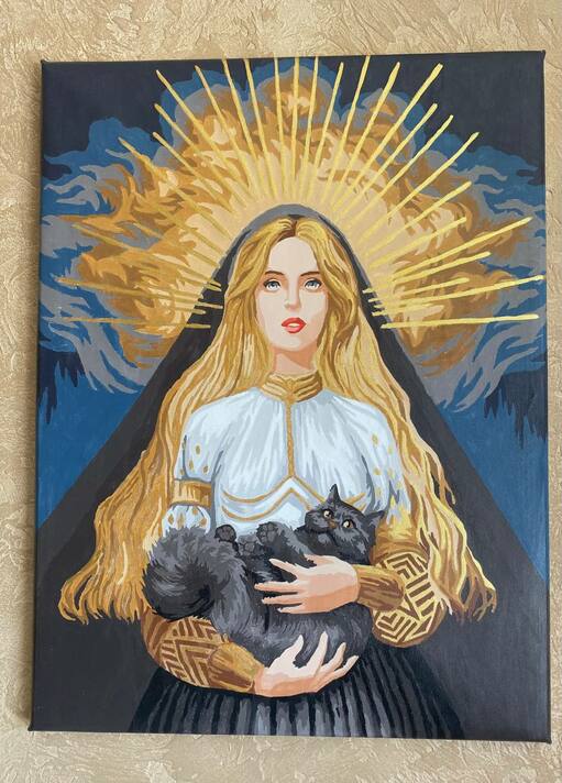 Картина Богиня с котом, холст, акрил