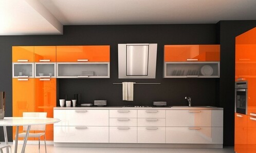 Кухни с Акриловыми фасадами, кухни проша, дизайн кухни, оранжевая кухня, белый низ оранжевый верх