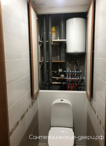 Фотография №10 Ламинированные двери в туалет МДФ рамка орех светлый/ вставка клен с водонагревателем