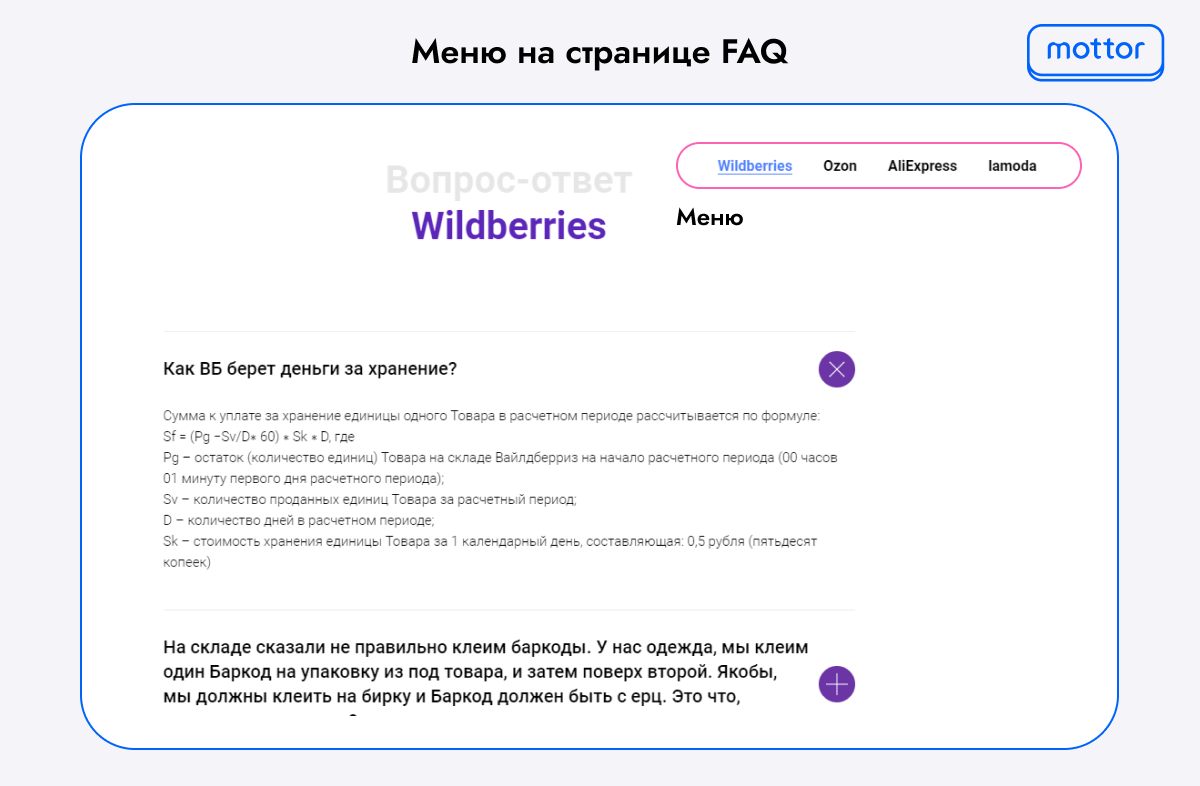 Пример навигации страницы FAQ в виде меню