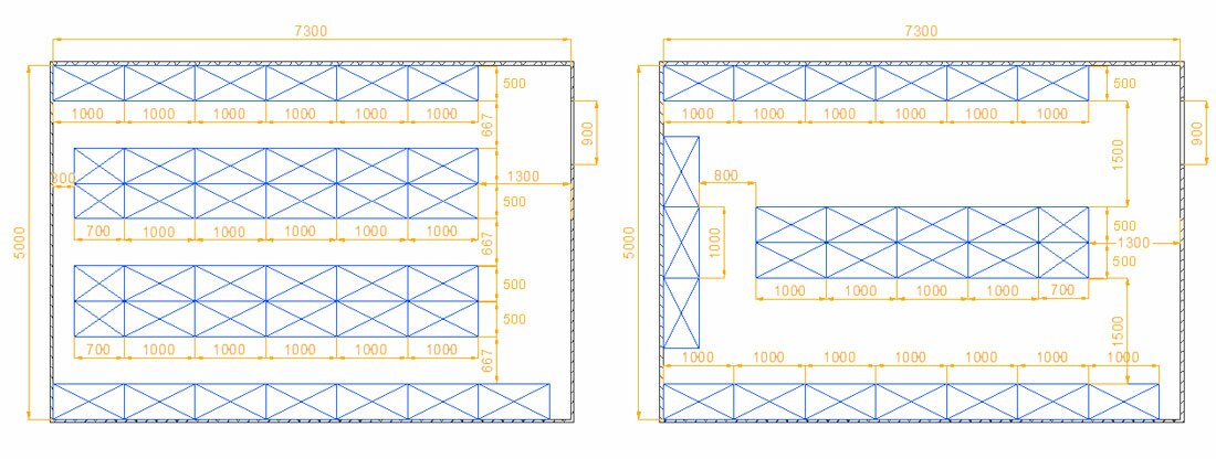 Схема размещения полочных стеллажей на складе