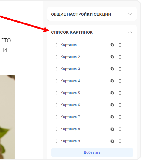 Список карточек в настройках динамической секции