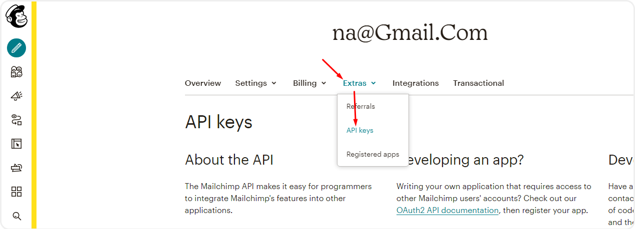 Раздел "Api keys" в личном кабинете Mailchimp