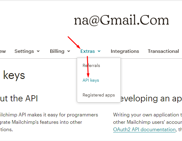 Раздел "Api keys" в личном кабинете Mailchimp