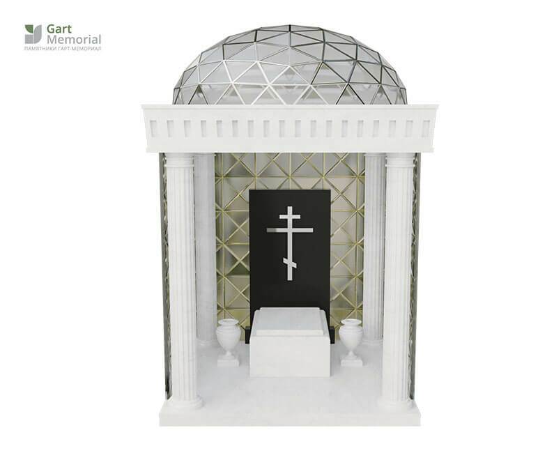 мемориальный комплекс из мрамора в виде беседки со стеклянным куполом и крестом