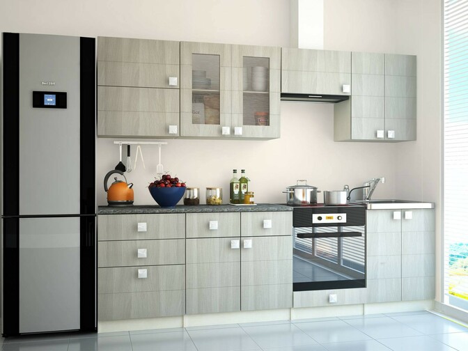 Прямая кухня серого цвета из ЛСДП с холодильником