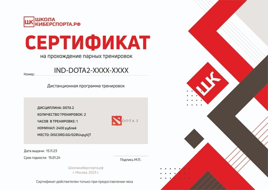 Пример сертификата на индивидуальные, групповые и парные киберспортивные занятия