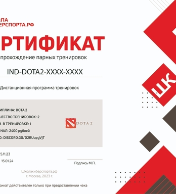 Пример сертификата на индивидуальные, групповые и парные киберспортивные занятия