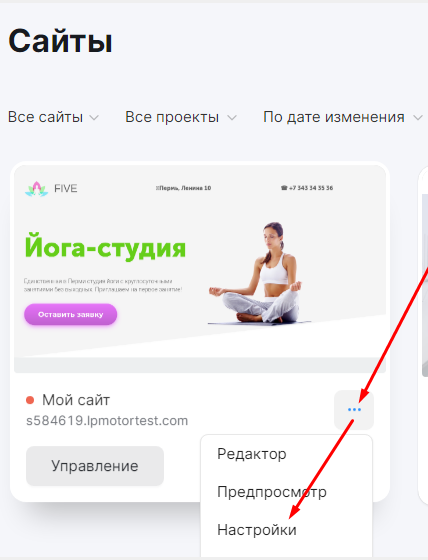 Настройки сайта в конструкторе mottor