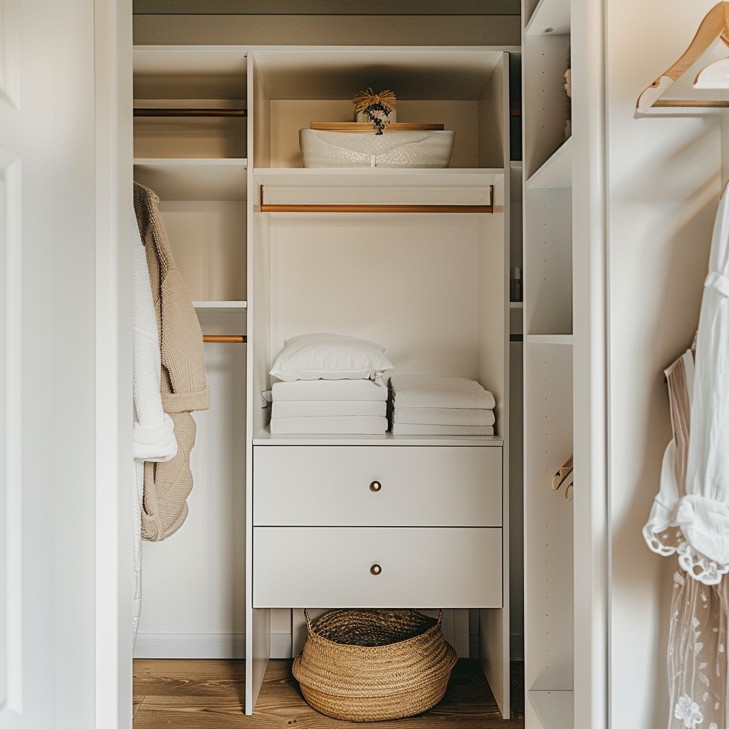 Белая гардеробная в маленькой комнате с вешалками и ящиками для хранения одежды и аксессуаров