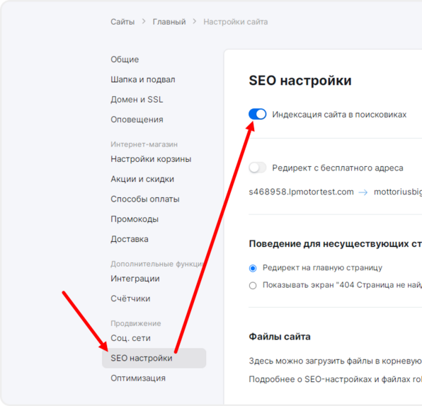 Включение индексации в настройках сайта