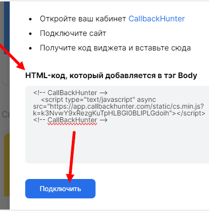 Вставка кода виджета в настройках интеграции