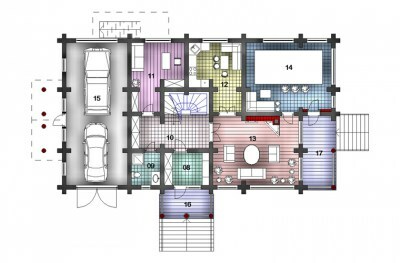 Проект дома мансардного этажа из бревна 21,3х12,9 метра в разрезе