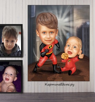 Весёлый шарж ребёнка в костюме супергероя на стене в детской