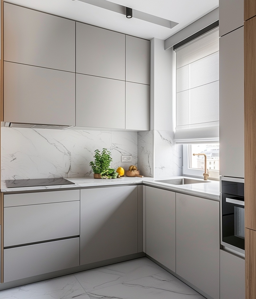 Маленькая угловая кухня в светло-серых оттенках с современным дизайном и встроенной техникой в СПб