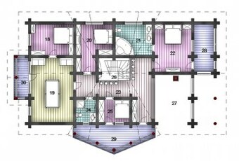Проект дома первого этажа из бревна 21,3х12,9 метра в разрезе