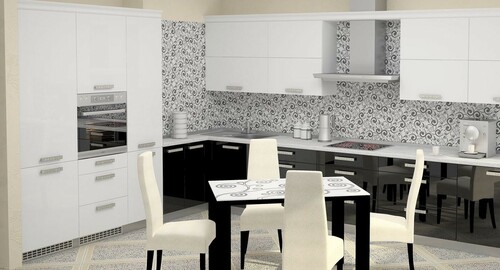 Кухни с Акриловыми фасадами, черно белая угловая кухня, кухни проша, кухня с пеналом, белый верх черный низ фото кухонь