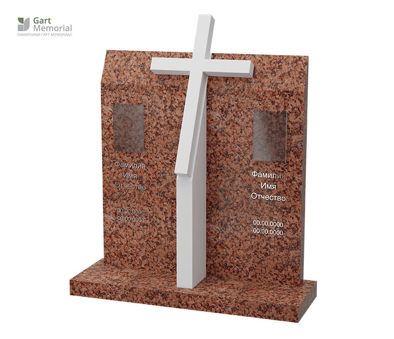 памятник на двоих из коричневого гранита с крестом 