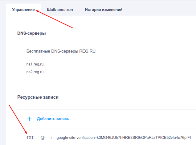 TXT-запись в настройках домена в reg.ru