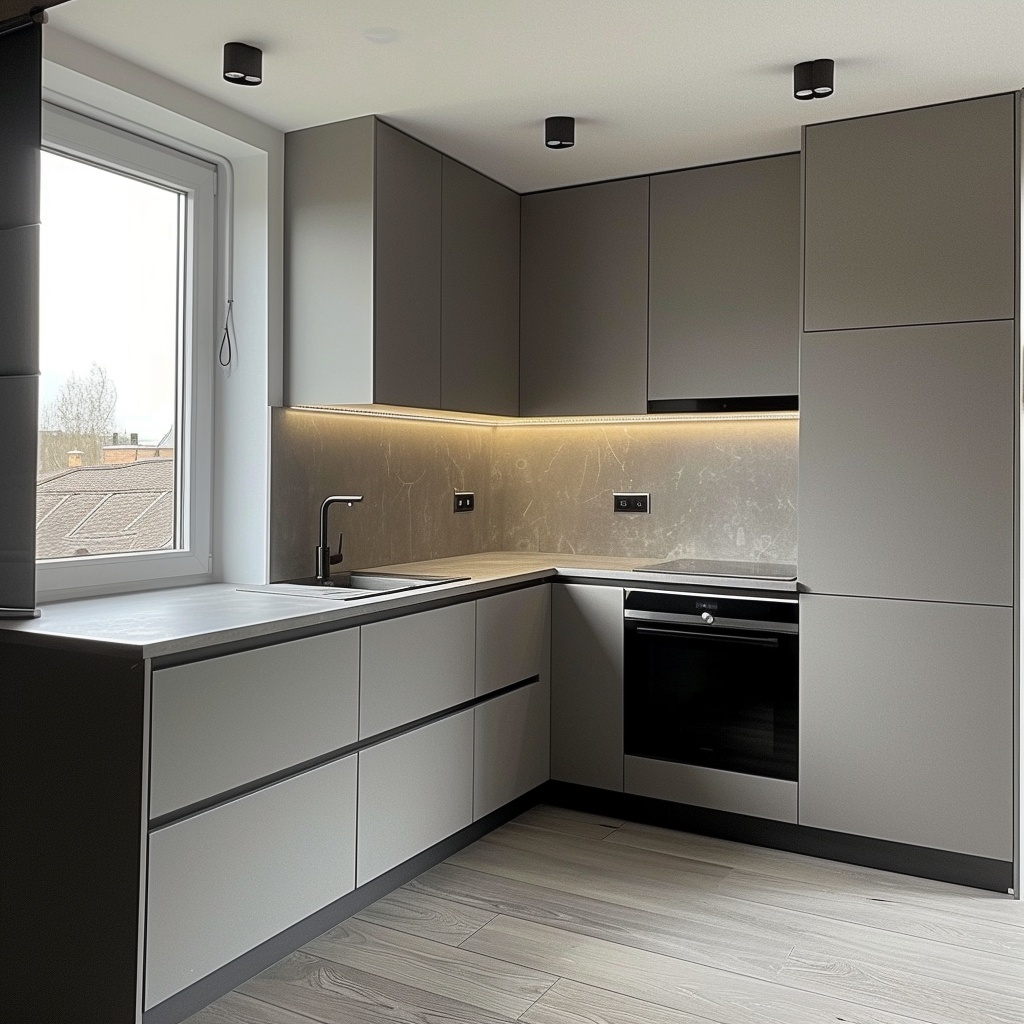 Угловой кухонный гарнитур с матовыми МДФ фасадами серого цвета, на заказ от производителя в СПб