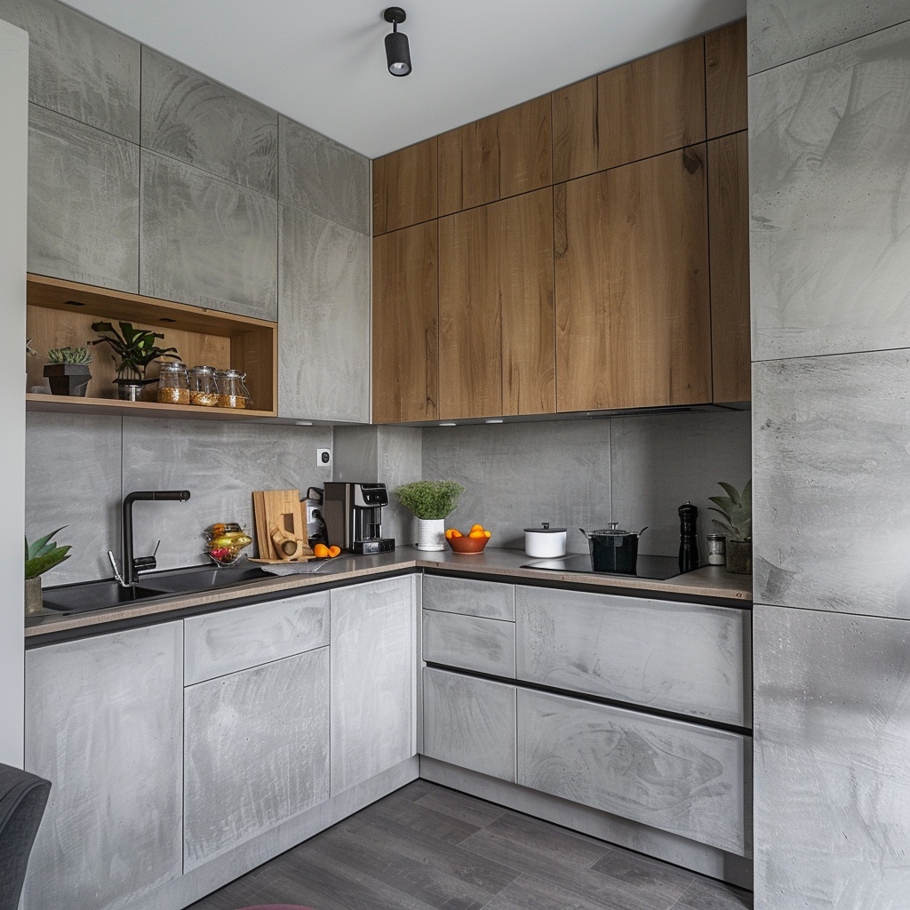 Угловая кухня из ЛДСП, выполненная в сочетании бетонного и древесного оттенков на заказ в СПб