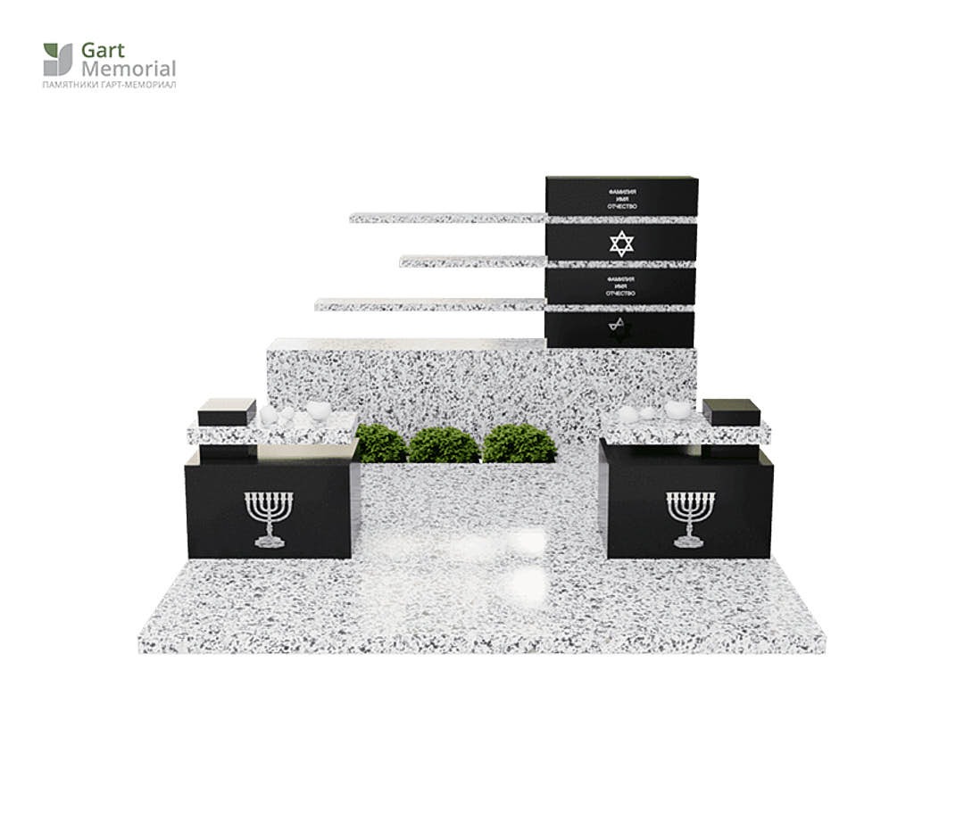 комбинированный памятник из белого и черного гранита с парящими элементами стелы и главными символами иудаизма