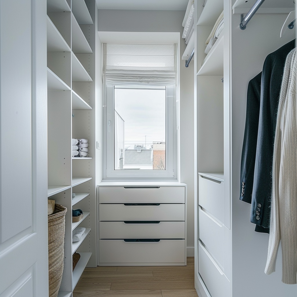 Белая гардеробная комната с ящиками для хранения, вешалкой для одежды и с окном, собранная на заказ