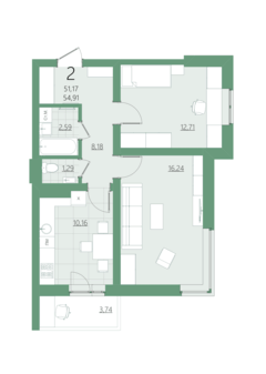 План 2-х комнатной квартиры в жк Мята