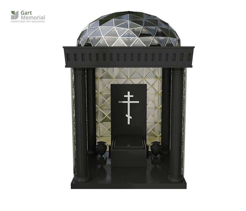мемориальный комплекс из черного гранита в виде беседки со стеклянным куполом с крестом