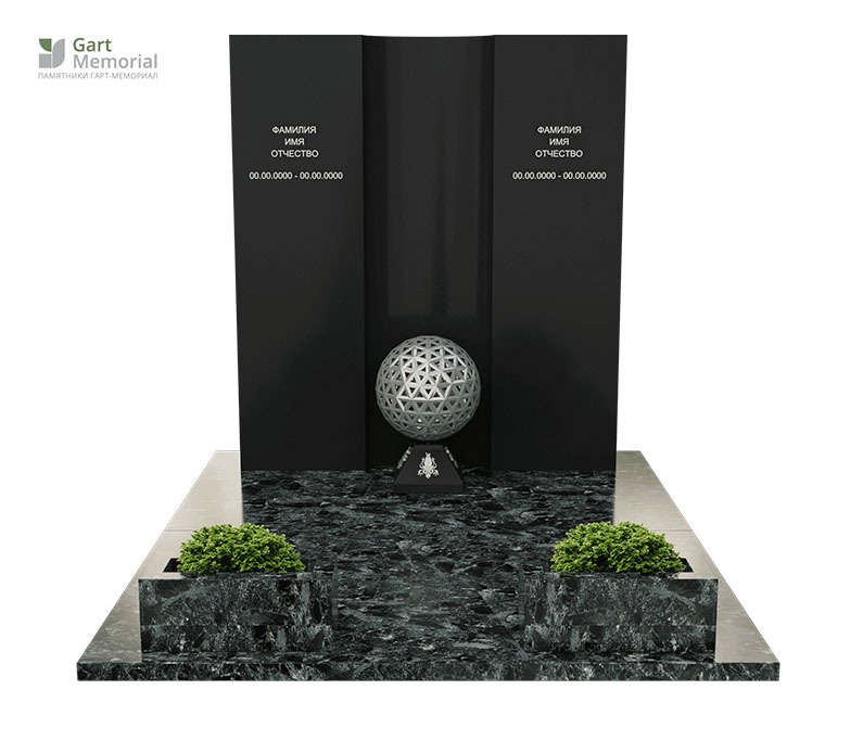 комбинированный памятник из черного и зеленого гранита с металлической сферой