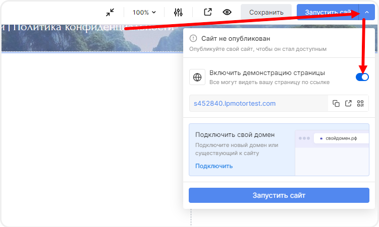 Включение режима демонстрации в редакторе сайта