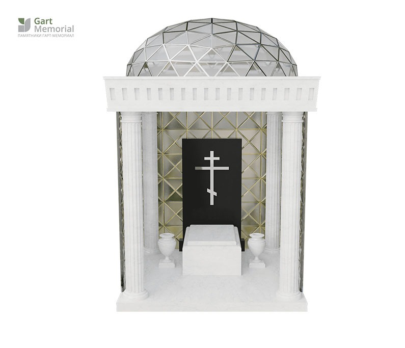 мемориальный комплекс из мрамора в виде беседки со стеклянным куполом и крестом