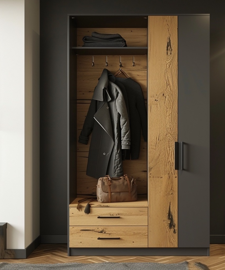 Недорогой шкаф в прихожую из ЛДСП тёмно-серого и древесного оттенков с ящиками и крючками для одежды