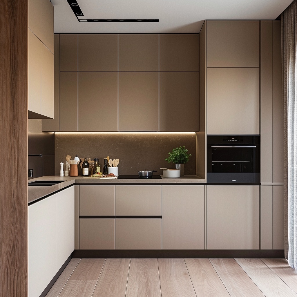 Элегантная угловая кухня цвета капучино с гладкими фасадами, современной отделкой и бытовой техникой