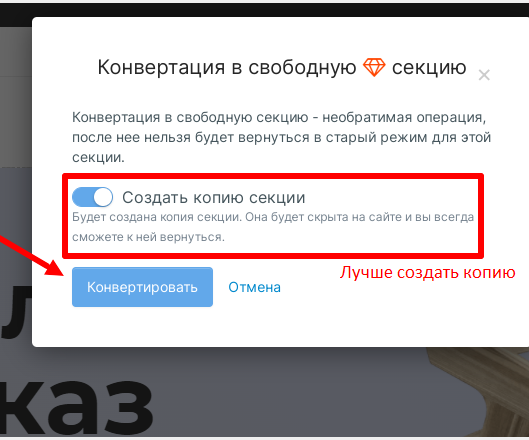 Создание копии секции перед её конвертацией
