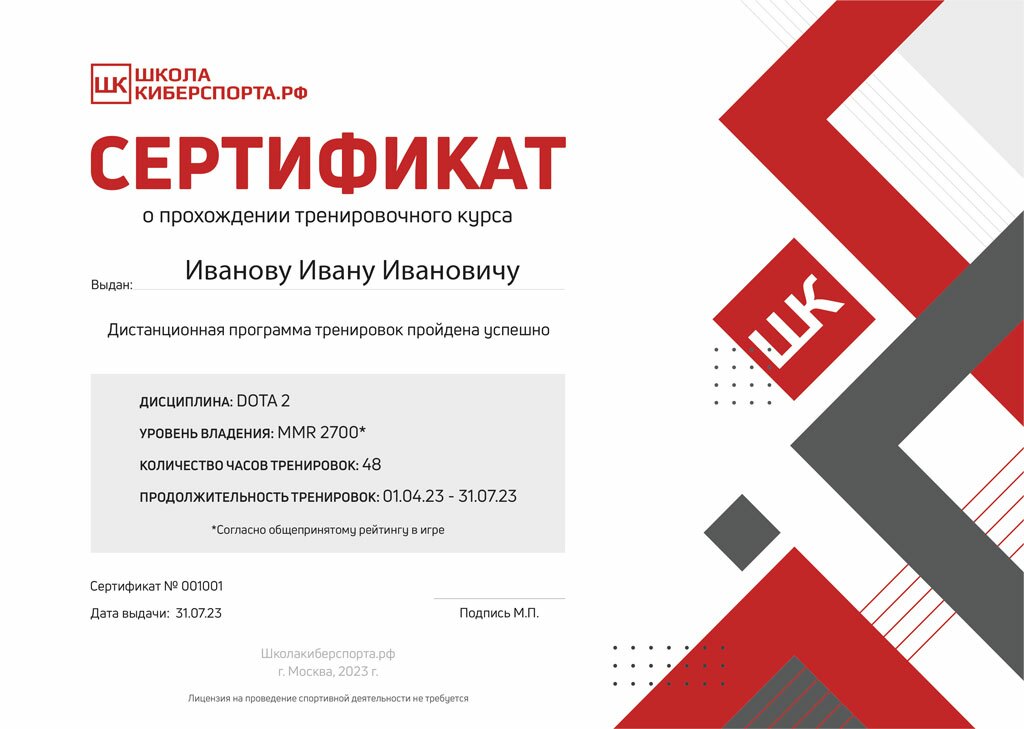 Сертификат о прохождении тренировок по Dota 2