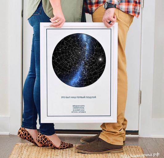 Изображение звёздной карты, рассчитанной на дату знакомства или свадьбы