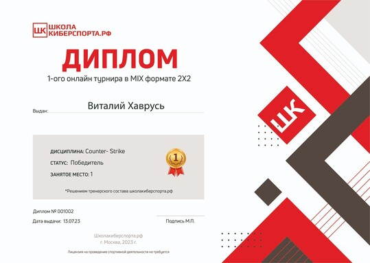 Диплом победителя занявшего 1-ое место на первого MIX турнира школы киберспорта 