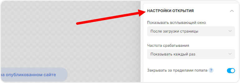 Настройки открытия ловца лидов