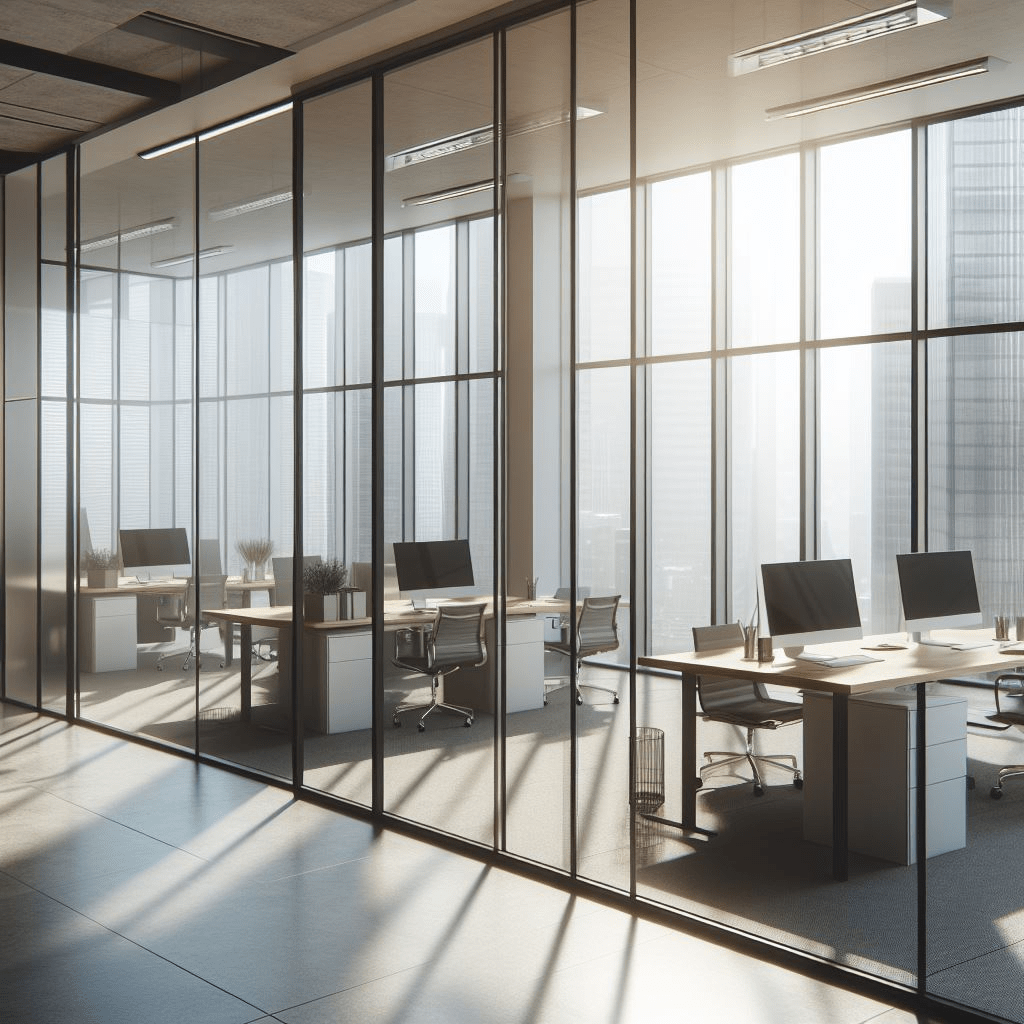 Изображение офиса в многоэтажном комплексе, а также воплощённого проекта - алюминиевых перегородок
