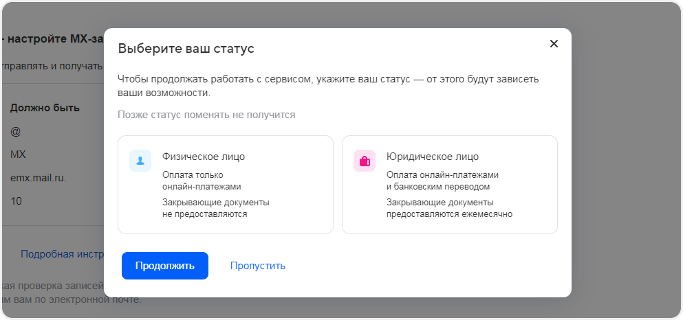 Выбор статуса лица при настройке доменной почты